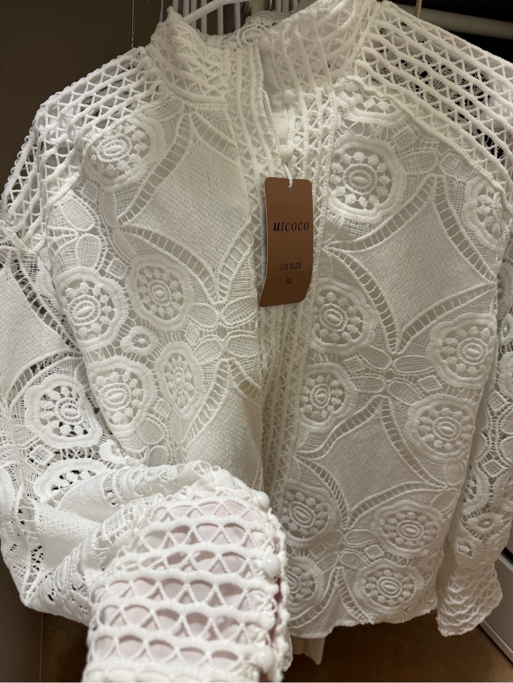 UTCOCO White Lace Crochet High-Neck Top and Short Set